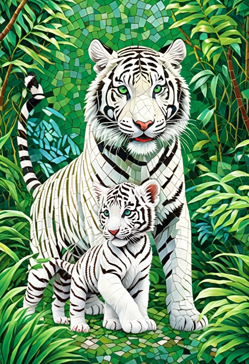 A majestic ultra small mosaic white tiger and its playful white tiger puppy companion frolicking in the lush green jungle, their contrasting colors creating a stunning visual feast. Mosaic pic