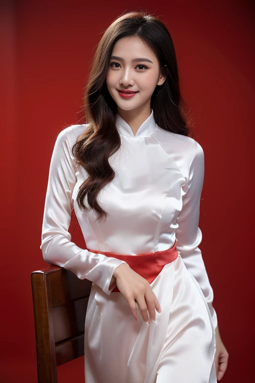 VIETNAM BEAUTIFUL GIRL WEAR (((SATIN SILK)) AODAI),, VIETNAMESE, ((tet holiday in vietnam)), 4k, masterpiece,, stunning beautiful idol detailed face, all body , (vietnam model girl), nsfw, sexy, see-though clothes, light smile, make up, big , red color, ((tet red color backdrop))
