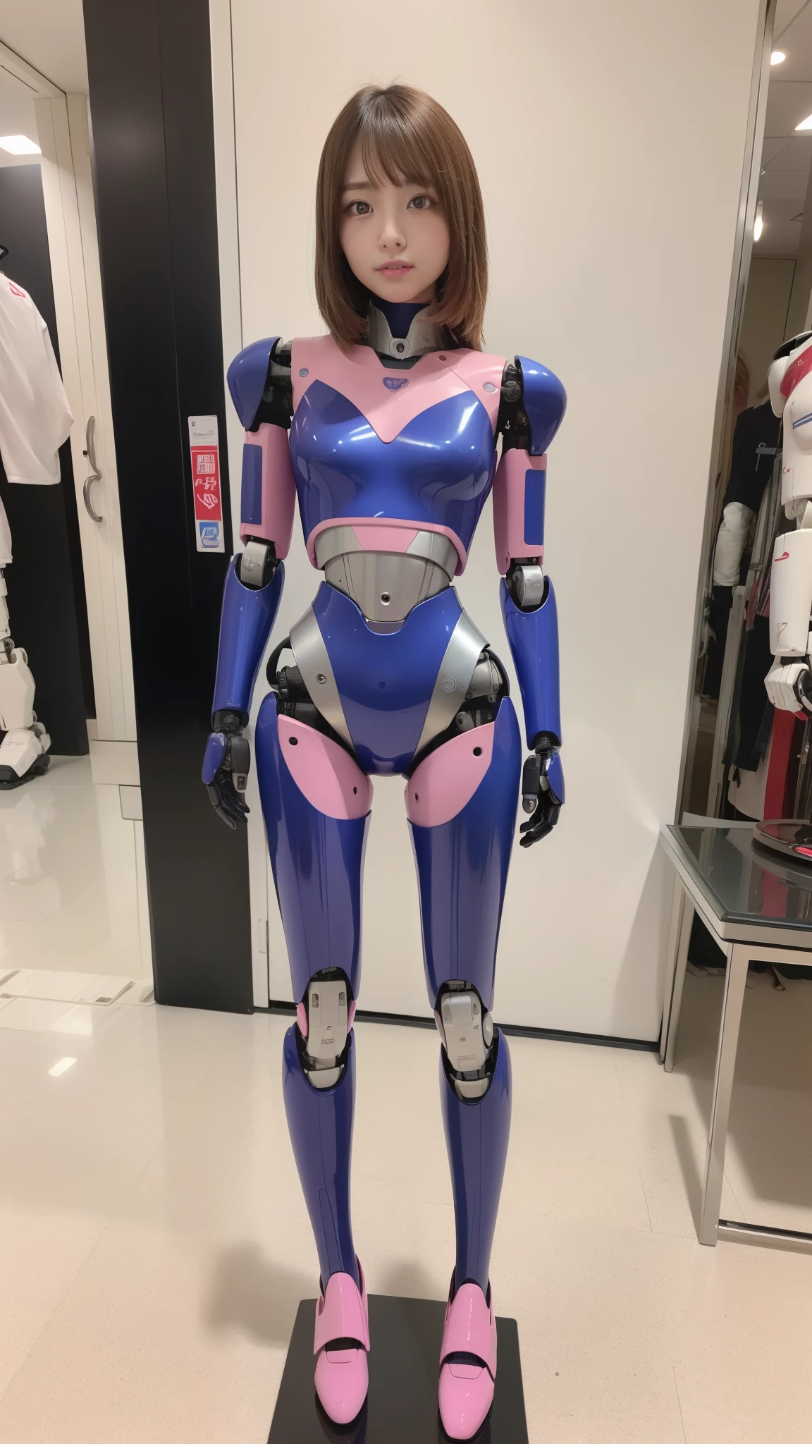 (Photorealsitic:1.4)、one robot girl、(top-quality)、(hyperdetailed face)、(Super well-formed face)、(Robot Parts)、(Female-Robot)、(17 years-old)、(Blue)、(pink there)、(Burgundy)、(metallic)、(full-body)、(sexy pose)、(Slender body)、(Model body type)、(full body mech)、(Akihabara)、(is looking at the camera)、(A brown-haired)、(Well-proportioned body)、(a small face)、(a small head)、(well-groomed fingers)、(Idol)、(front facing)、(Standing with legs open)、(Photo session)、(Looks sad)、(perfect-female-robot)、(perfect-mechanical-body)