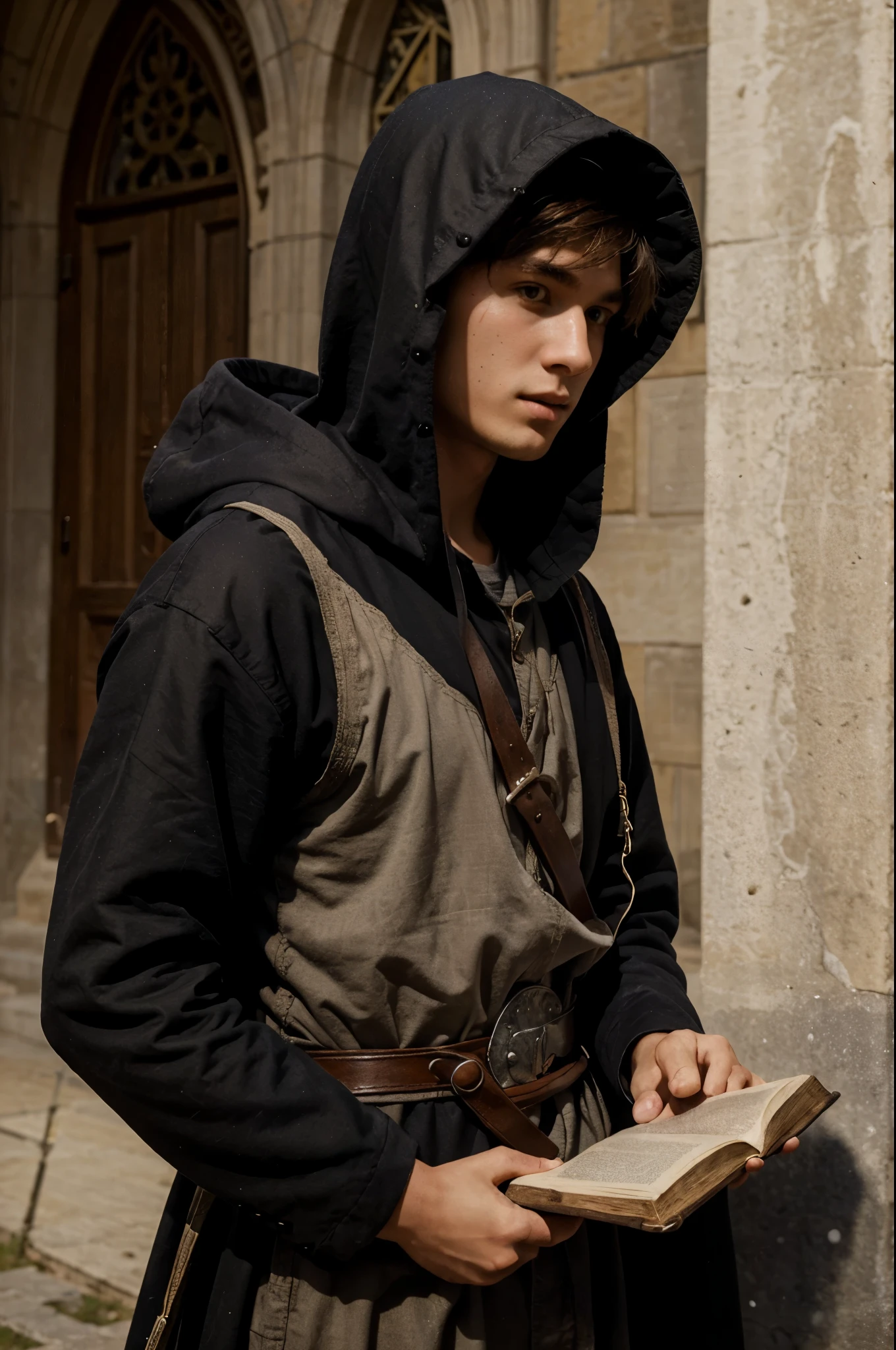 ((best quality)), ((work of art)), (detailed), 20 year old young man with a Bible in his hand, with hood, sword in hand, looking at the sky talking to God, medieval period