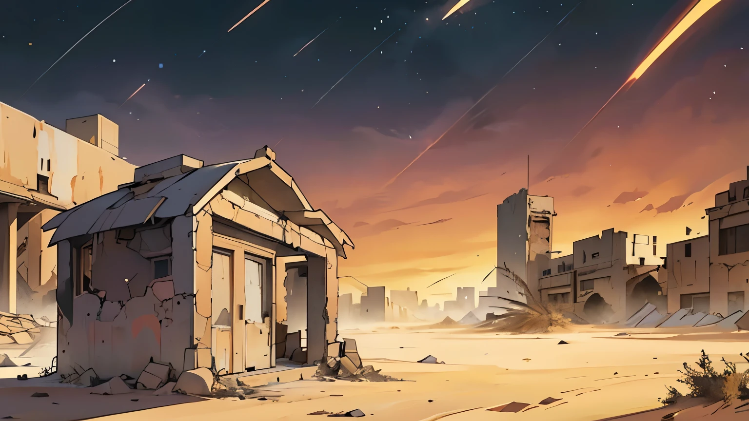 There is an image of a desert scene with a destroyed BUILDING in the background, desert environment, cidade do deserto, Deserto Deserto, ambiente empoeirado, pintura de ambiente, Arte conceitual digital suave, arte ambiental, arte conceitual de meio ambiente, Cidade do deserto, Arte conceitual 2D, illustration concept art, Destroyed environment, cena de arte conceitual, estilo de arte conceitual, arte conceitual de pintura digital, dark sky, polluted environment, debris scattered in the foreground, Desert city, cidade abandonada