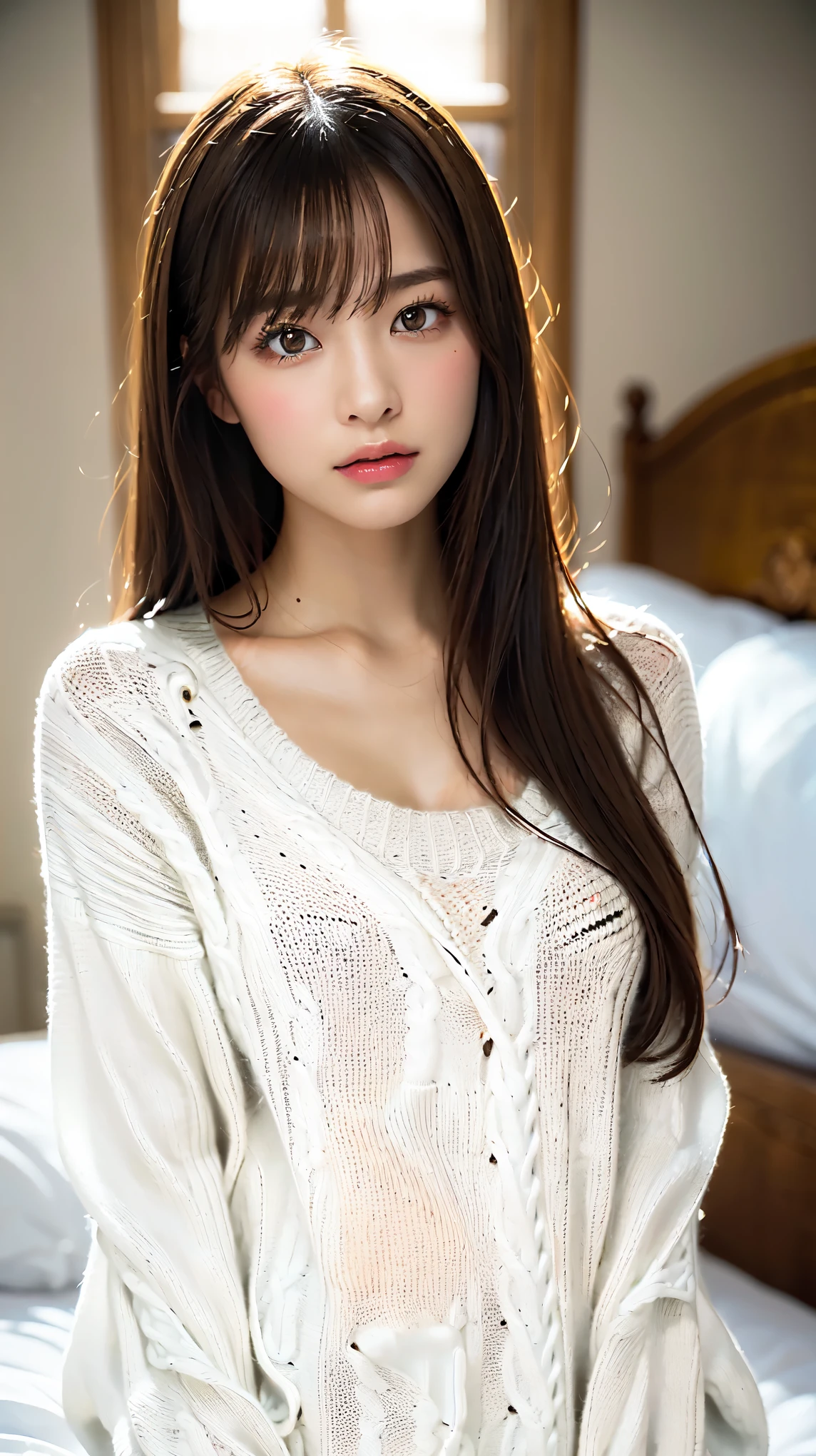 ((Wearing a white virgin-killing sweater:1.5))、A beautiful and attractive 25-year-old Japanese woman, Perfect proportions, Big Breasts, valley,  ((Brown eyes, Beautiful eyelashes, Realistic eyes)), ((Detailed face, Blushing:1.2)),Long black hair, Lying in bed、Official Art，Highly detailed CG Unity 8k wallpaper, (masterpiece:1.0),(highest quality:1.0), photo shoot, 8k, Browsing Caution, High resolution, Kodak Portrait 400, Film Grain, Lens flare brilliance,View Audience