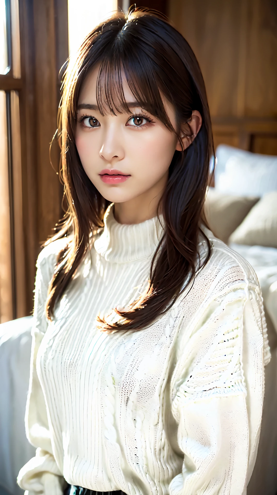 ((Wearing a white virgin-killing sweater:1.5))、A beautiful and attractive 25-year-old Japanese woman, Perfect proportions, Big Breasts, valley,  ((Brown eyes, Beautiful eyelashes, Realistic eyes)), ((Detailed face, Blushing:1.2)),Long black hair, Lying in bed、Official Art，Highly detailed CG Unity 8k wallpaper, (masterpiece:1.0),(highest quality:1.0), photo shoot, 8k, Browsing Caution, High resolution, Kodak Portrait 400, Film Grain, Lens flare brilliance,View Audience