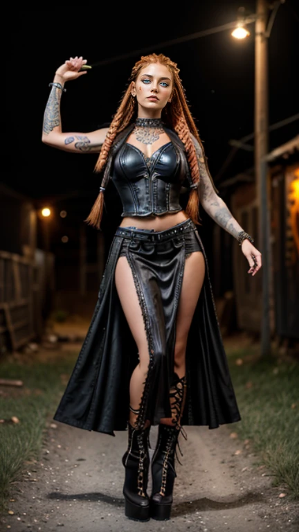 Realistic ultra detailed photography real representation, a Native American Woman with tall height and feminine physique, hairstyle a wild braided braid and the sides of the head shaved bald, clothing leather women's vest with many details and transparent fabric insert and long leather leggings with laces and a maxi overskirt long slit in the middle frontal and high heels boots with metal buckles, dress color bronze and black, hair color orange and yellow, large neon tattoos in fantasy style, full body pose swinging dancing at night outdoor with magical smoke and lights, full body pose frontal to the camera and line of sight into the camer, Gypsy Goth clothing style