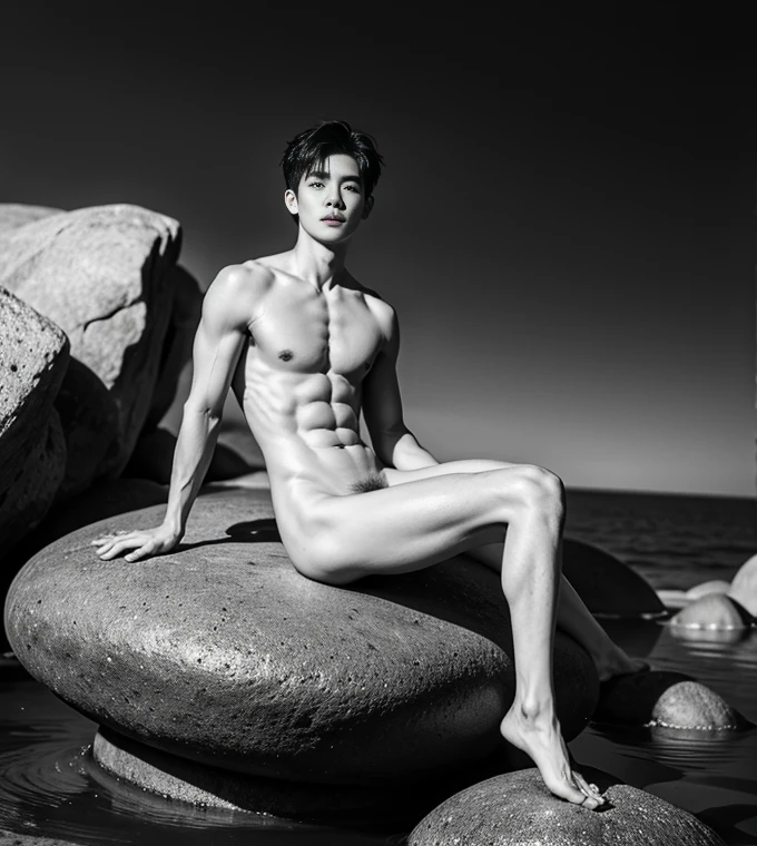 Sitting in black and white on the rocks of Arakfi, Inspired by Zhang Han, Inspired by Bian Shoumin, Kim Do-young, inspired by Huang Gongwang, inspired by Jin Nong, inspired by Gong Xian, Wearing Gorgeous Costume, Beautiful androgynous prince, wearing fancy clothes, Taoist, Cai Xukun, traditional garb,high high quality,4K modern art,High- sharpness, naked full body, perfect dick, open legs,