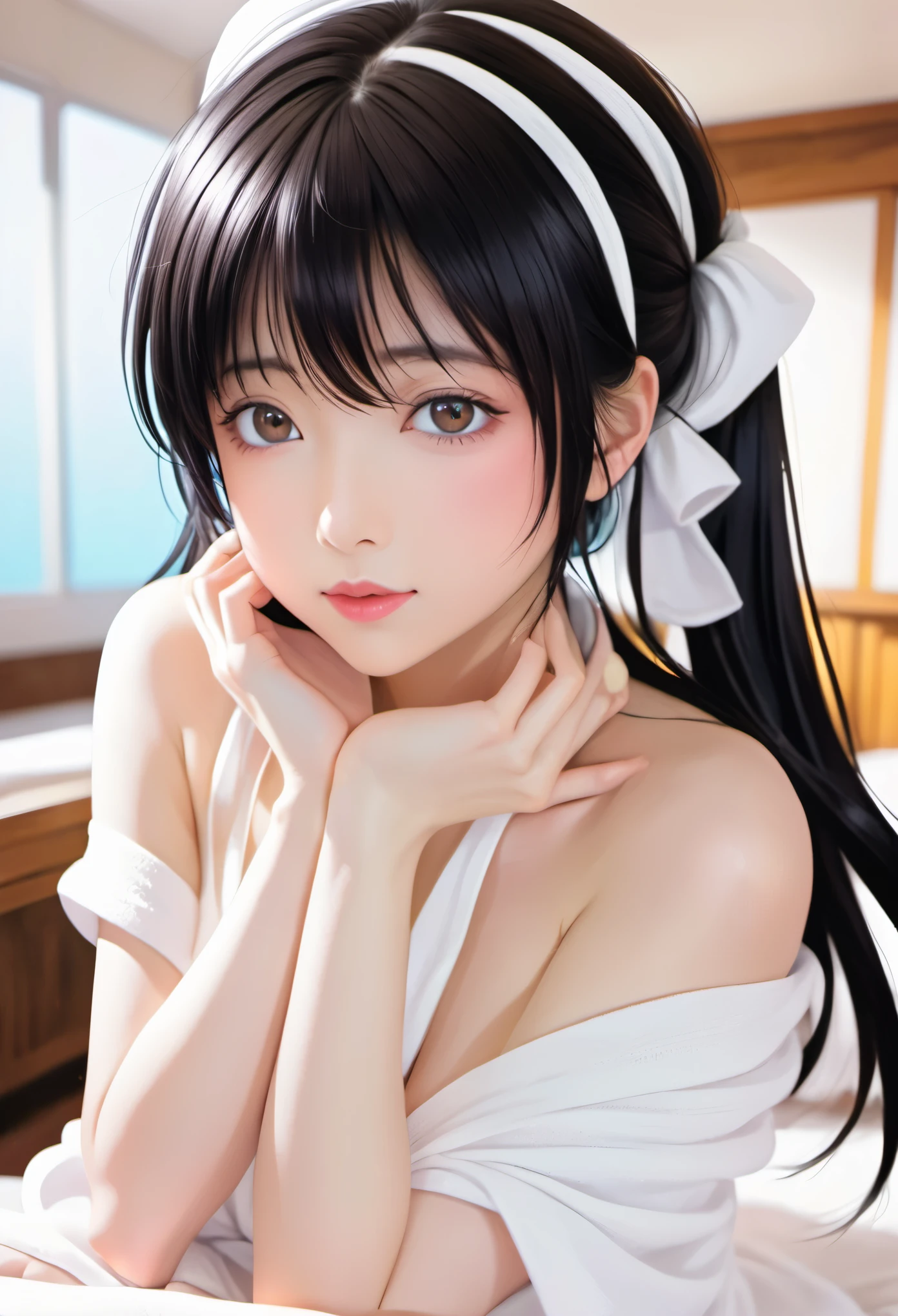 (masterpiece, best quality: 1.2), Anime girl with black hair wearing white towel, Anime girl named Lucy, female anime character, Beautiful seductive anime teen, Yuruyuri, Harumi, Nagatoro, return, Best Girl in Anime, anime thai girl, Kakiuchi Narumi,， Cute and natural anime face, as an anime character