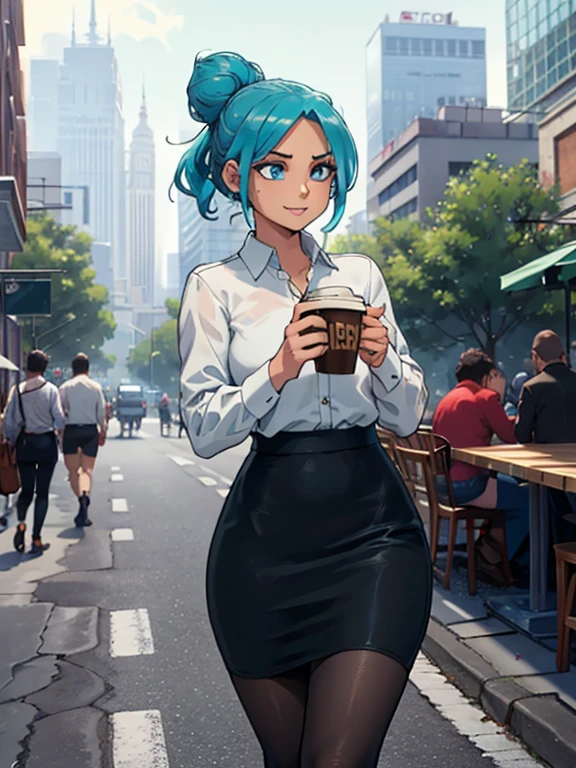 high_aesthetic, art_by_Kipteitei, 1girl, aqua blue hair, hair up, blue eyes, black pencil skirt, dress shirt, black tights, happy expression, tight clothes, (((skinny))), ((holding coffee)), walking with confidence, city background with lots of trees and buildings, (cowboy shot), (best quality, masterpiece)
