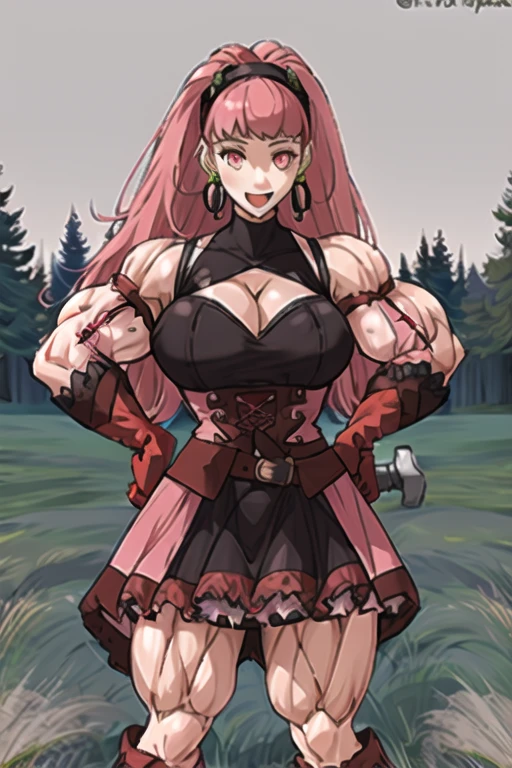 hilda valentine goneril, fire emblem, 1girl, axe, belt, black dress, black hairband, breasts, cleavage, corset, detached sleeves, dress, earrings, gloves, grey background, hairband, hand on hip, holding, holding axe, holding weapon, hoop earrings, jewelry, long hair, looking at viewer, medium breasts, open mouth, pink dress, pink eyes, pink hair, pink sleeves, red belt, red gloves, simple background, smile, solo, twitter username, two-tone dress, weapon, outdoors, grass, trees, river,muscular female
((masterpiece))