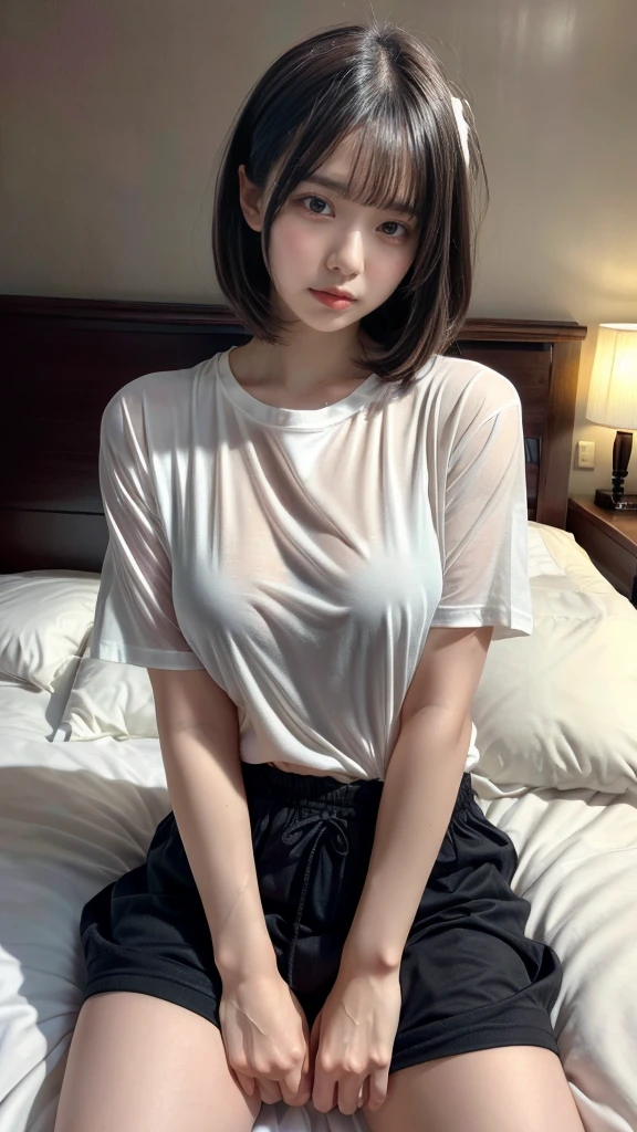 muste piece, best quality, illustration, Super detailed, fine details, High resolution, 8K,wall paper, perfect dynamic composition,(Details High quality, realistic depiction of eyes:1.3), Oversized White T-shirt, Erotic Shorts, short bob hair, black hair color, Big Natural Color Lip, bold sexy pose, (perfect body shape), crying a little、cold gaze, Harajuku style、20 year old girl、cute type、lolita、beautiful legs, hotel room, hposing Gravure Idol, Voluptuous thighs, (woman on top, straddling, sitting)