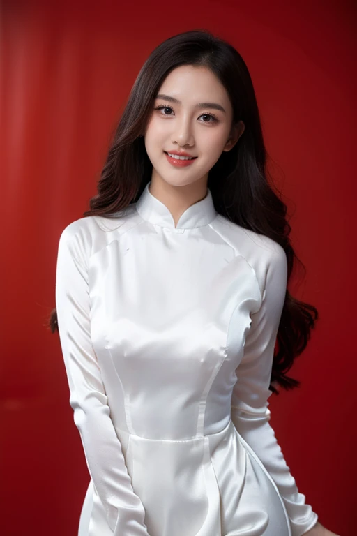 VIETNAM BEAUTIFUL GIRL WEAR WHITE (((SATIN SILK)) AODAI),, VIETNAMESE, ((tet holiday in vietnam)), 4k, masterpiece,, stunning beautiful idol detailed face, all body , (vietnam model girl), nsfw, sexy, see-though clothes, light smile, make up, big , red color, ((tet red color backdrop))
