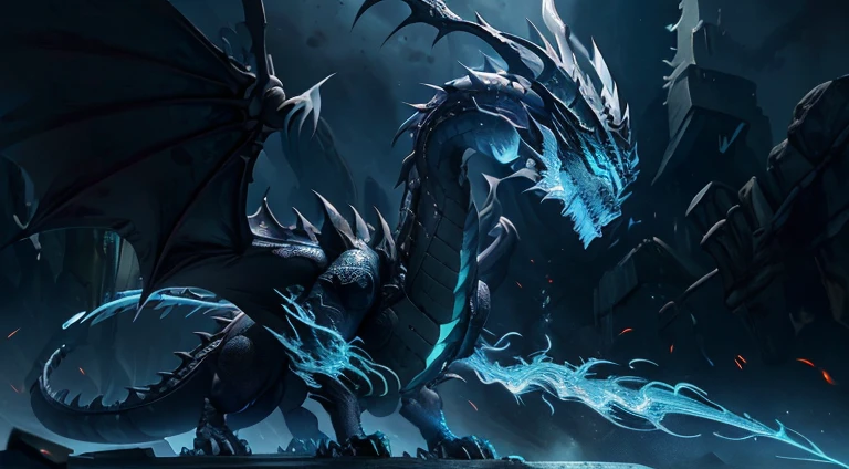 A highly detailed digital painting of a majestic metallic dragon's head emerging from darkness. The scales on the dragon's face are intricate, glossy and silver-colored, glinting like polished chrome in sharp contrast to the pitch black background. The light catches the edges of each scale, highlighting their ridge-like texture. The dragon's eyes are wise and piercing, glowing neon teal with vertical slit pupils. Its metallic nostrils are flared. Rows of small sharp silvery spikes run down the back of its long powerful neck, getting smaller towards the back until fading into the void. The overall feel is powerful, armored, intense, with crisp clean lines and lighting creating strong highlights and shadows on the mechanically mesmerizing dragon head structure. Rendered in sharp focus and rich color in the style of a futuristic digital painting.