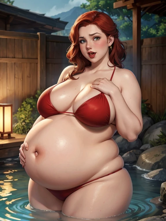 Pregnant triss merigold, red lipstick, bright green eyes, stressful, very excited, steamy, surprised, blushing, panting, mouth open, bikini, double chin, chubby body,bbw, morbidly obese, fat, pregnant belly, pregnancy, big womb, onsen