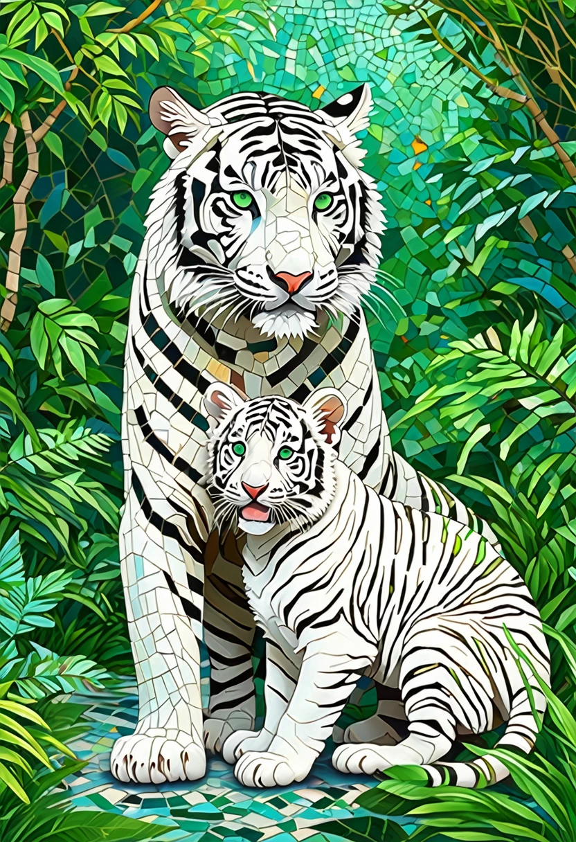 A high quality digital artwork of a majestic ultra small mosaic white tiger and its playful white tiger puppy companion frolicking in the lush green jungle, their contrasting colors creating a stunning visual feast. This artwork is detailed in extreme micro mosaic details, showcasing super colorful mosaic patterns that bring the scene to life. The jungle background is rich in lush greenery, enhancing the vibrant colors of the mosaic tigers. The white tiger and its puppy companion are captured in a playful interaction, exuding a sense of joy and energy. This digital art is designed to be viewed in 4k resolution, highlighting every intricate detail of the mosaic artwork. The contrasting colors of the white tigers against the green jungle backdrop create a striking visual impact, making this piece a true masterpiece of colorful mosaic artistry.
