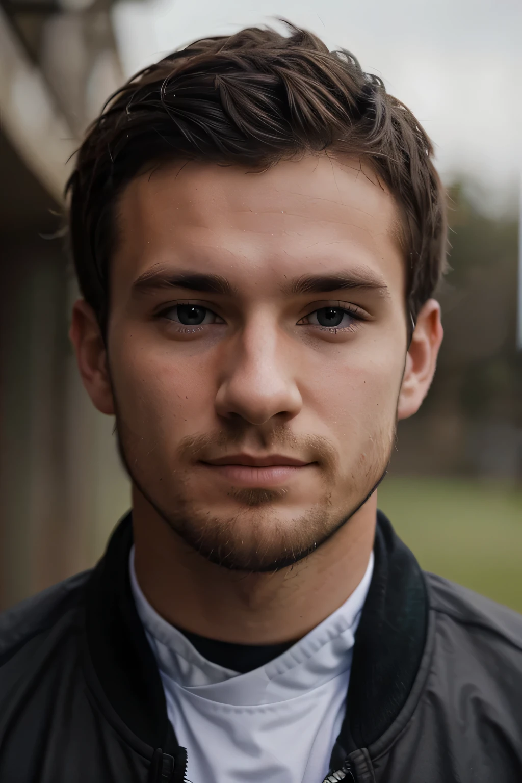85mm DSLR colour photography of very detailed headshot fitting all of head and hair in frame. 20 year old Irish soccer player, with short black hair and a small beard with a small smile, grey backround