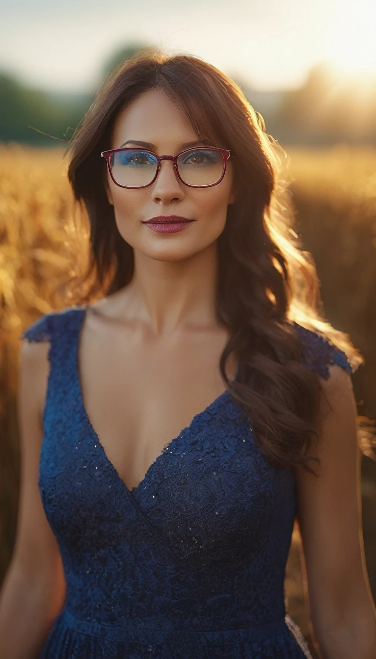 Sun on a farm; volumetric lighting, spectacular, ambient lights, luminous colors, cinematic atmosphere, realism style, intricate details in high capture. ((best quality: 1.4, 8k)), (((ultra-high resolution, physics-based rendering. (((The main scene is wide-angle f/1.2, full-length woman, rough appearance, contemporary style, eyes blue; light brunette, 38 years old, wearing square glasses ))); small, well-focused eyes; thin, detailed eyebrows (dark brown hair half-combed, bangs), very detailed skin texture, slight dimple on the face without makeup, mouth. small with burgundy lipstick 1.4, long dress 1.6 )) ), ((normal body thin abdomen, narrow waist, clear facial features)); (radiant expression: 1.3, looking at the right side of the scene: 1.2), (( (completely semi-dark background)slight cleavage in front: 1.8)), legs in front of each other: 1, 4, ((exposed detail: 1.4, full frontal position of the scene 1.5)), ((Many bright and colorful particles are flying: 1.5, backlit )).