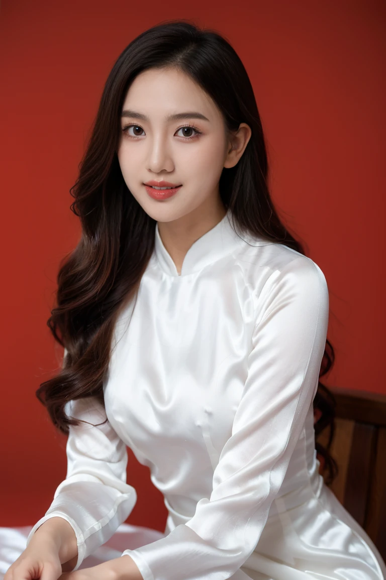 VIETNAM BEAUTIFUL GIRL WEAR WHITE (((SATIN SILK)) AODAI),, VIETNAMESE, ((tet holiday in vietnam)), 4k, masterpiece,, stunning beautiful idol detailed face, all body , (vietnam model girl), nsfw, sexy, see-though clothes, light smile, make up, big , red color, ((tet red color backdrop))