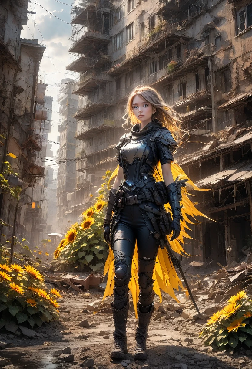 1girl, Post-Apocalyptic Wasteland, Giant sunflower growing from rubble, Scavengers digging through a post-apocalyptic city after the end of the world Epic cinematic brilliant stunning intricate meticulously detailed dramatic atmospheric maximalist digital matte painting volumetric lighting concept art