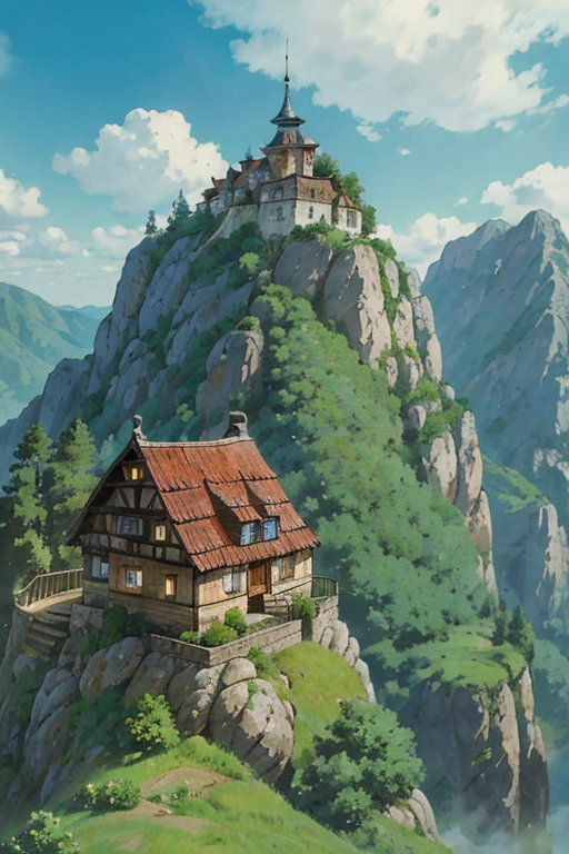 big slavic ((ghibli)) fantasy town up on the mountain, thatched roofs, early medieval, village on a rocky cliff, tightly packed houses, narrow passages, tight spaces, clustered settlement