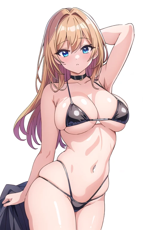 (best quality,4k,8k,highres,masterpiece:1.2), solo, random pose, sexy pose, seductive pose, ((white background)), black micro bikini, dutch angle, thong, magazine text, studio lighting, arm behind head,