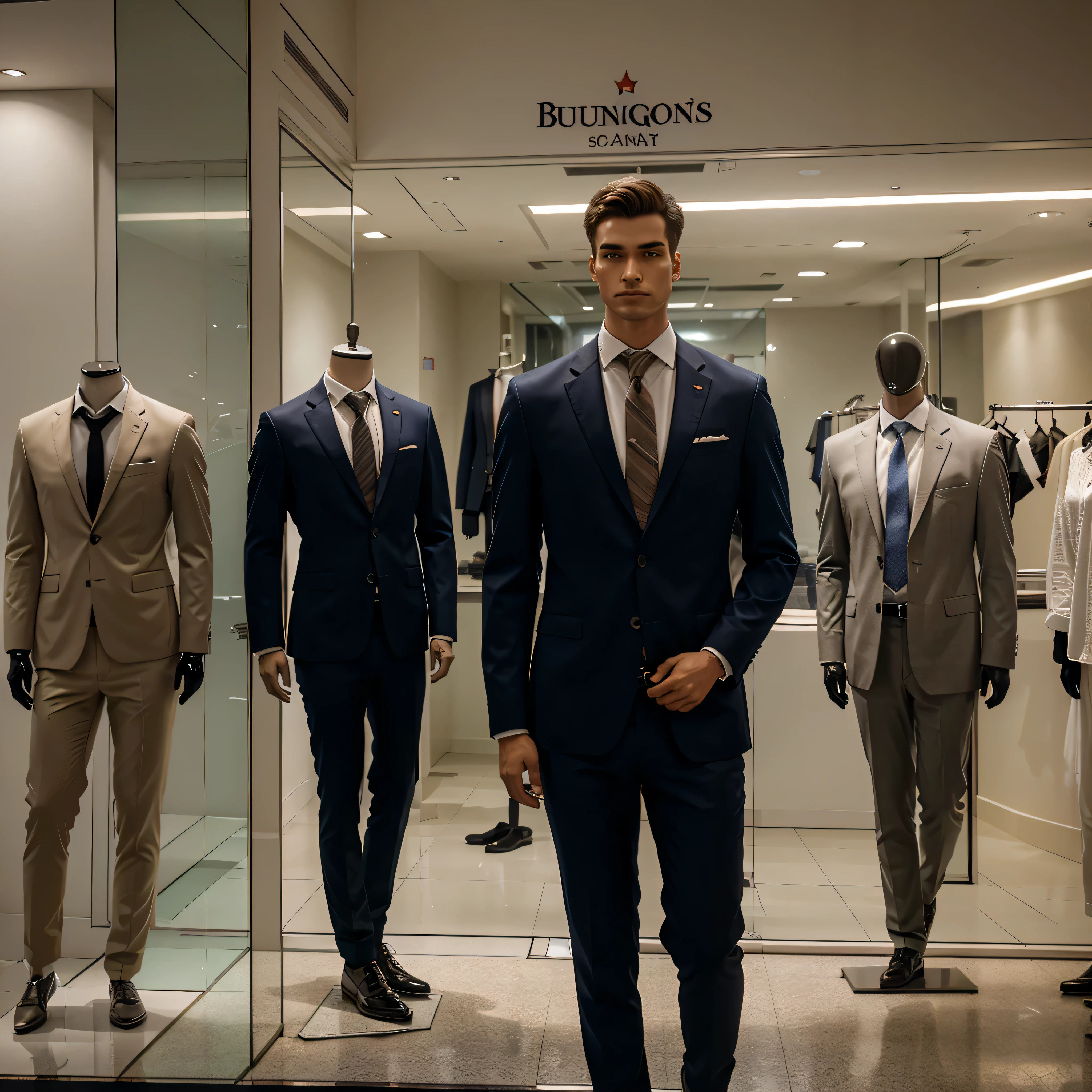 front view aligned with photo of businesspeople clothes in shopping mall window with( manequins artificial ) com luz atras,8k