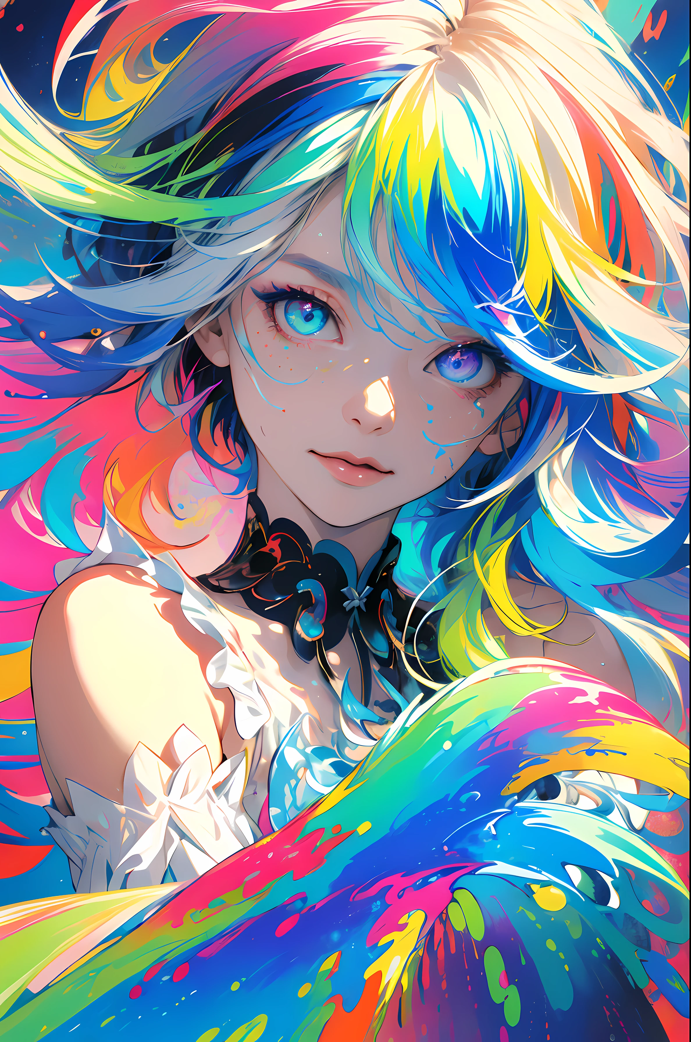 (((masterpiece))),(((highest quality))),((Very detailed)),(figure),(Dynamic Angle), ((floating)),(paint),((Disheveled Hair)), (alone),(One girl), ((small_chest)), (((Detailed anima face))),((Beautifully detailed face)),collar,Exposing shoulders, Gray Hair, ((Colorful Hair)),((Striped Hair)), Beautiful fine details,(Gradient color eyes),(((Colorful eyes))), (((Colorful background))),(((High saturation))),(((Surrounded by colorful splashes))),(((Surrounded by colorful dots))),Colorful bubbles,((The Shining))