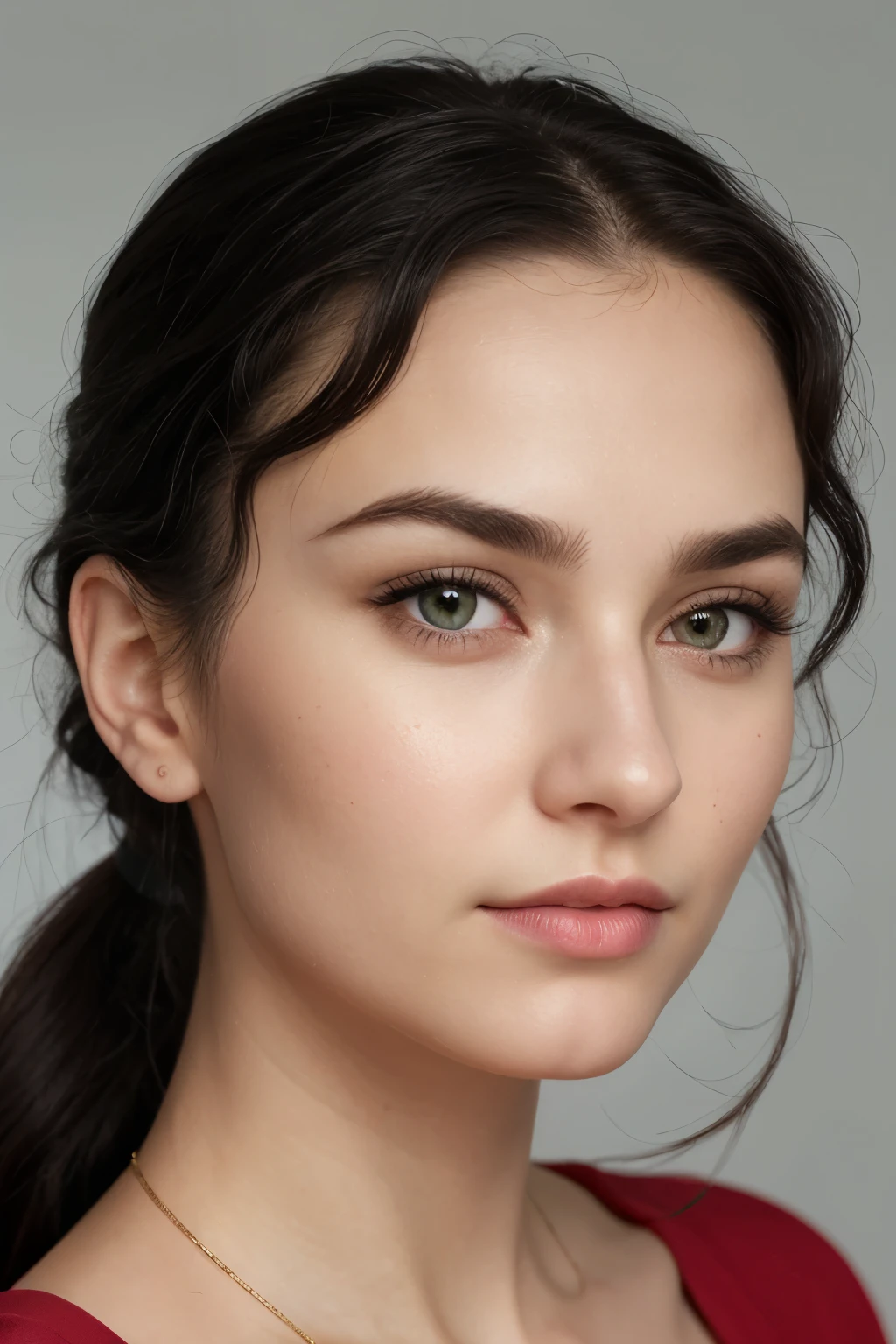 Very realistic Russian girl, without makeup, 35 years old, black hair, very wavy hair gathered in a high ponytail, bright green eyes, hyperrealistic, very textured skin, skin irregularities, enlarged pores, serious girl in the background of the bedroom, looks straight, bold look, plump lips, small nose, nose piercing, large eyes, narrow eyebrows, eyebrows of different heights, the most realistic photo
