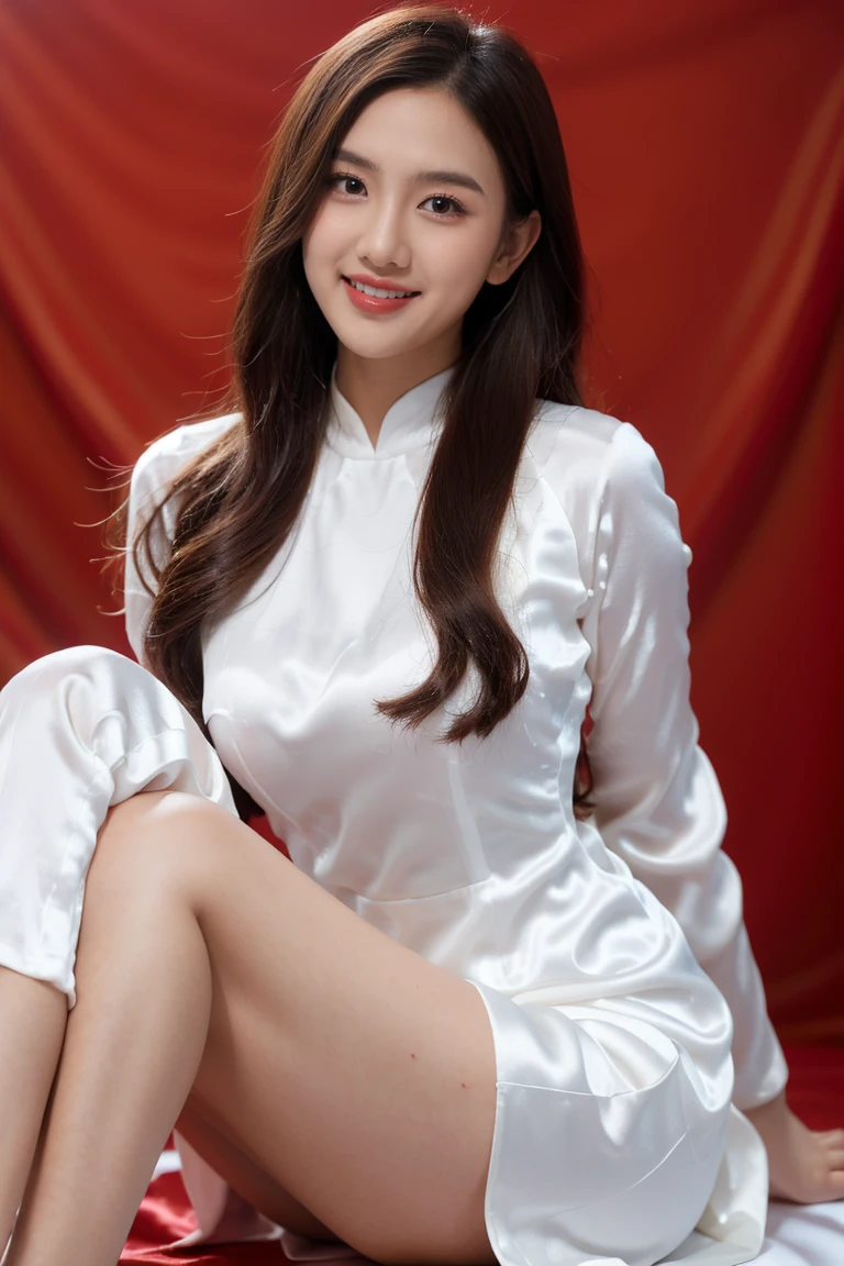 VIETNAM BEAUTIFUL GIRL WEAR WHITE (((SATIN SILK)) AODAI),, VIETNAMESE, ((tet holiday in vietnam)), 4k, masterpiece,, stunning beautiful idol detailed face, all body , (vietnam model girl), nsfw, sexy, see-though clothes, light smile, make up, big , red color, ((tet red color backdrop))
