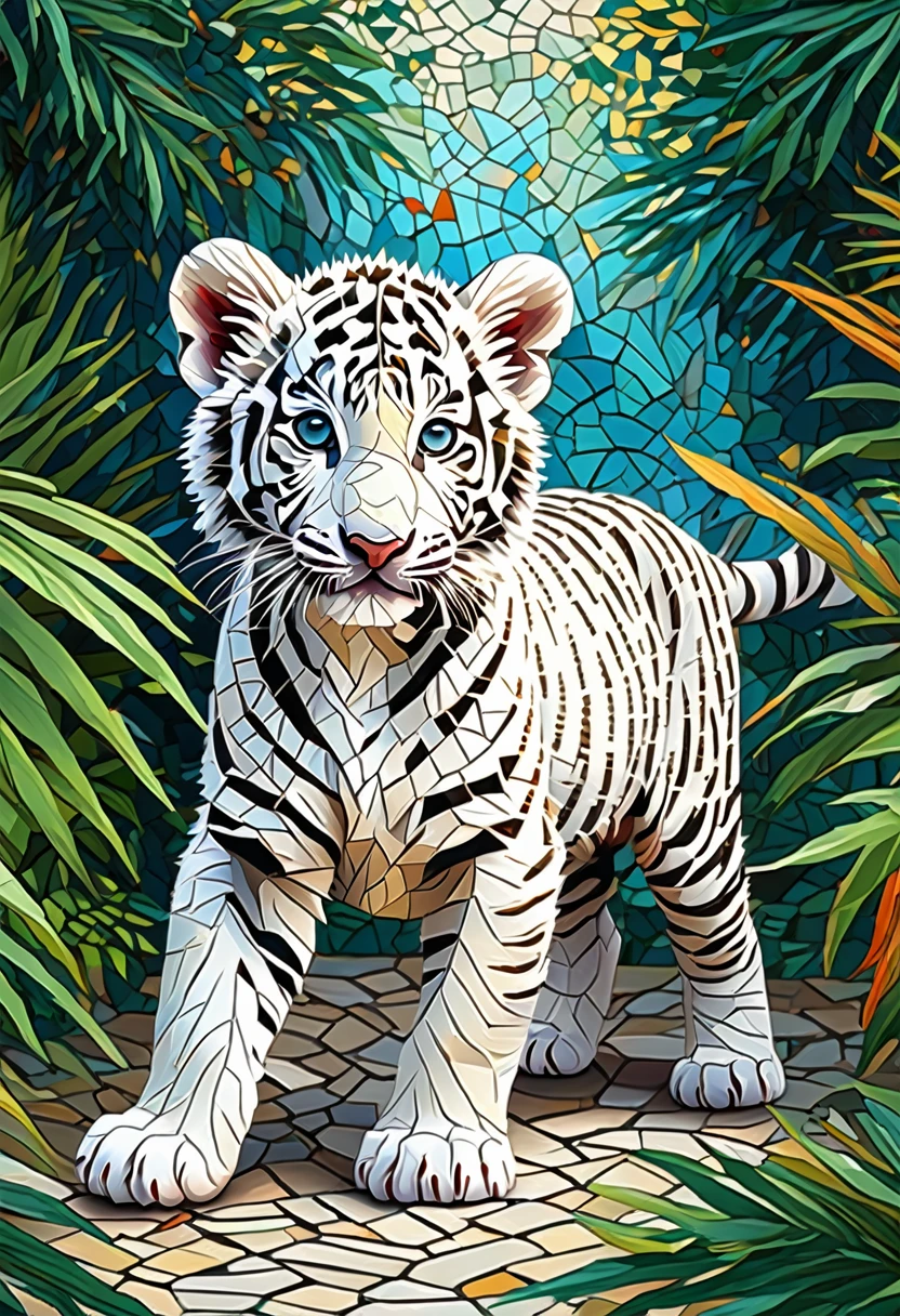 a high quality digital art of a tiny mosaic white tiger cub, with its intricate patterns resembling a work of art, playfully chasing after a fluffy white tiger puppy through the dense jungle. The scene captures their infectious playful energy in a mesmerizing way. Both the tiger cub and puppy are depicted in an extremely detailed micro mosaic style, making the artwork vibrant and colorful. The mosaic details are so intricate that they resemble a masterpiece in themselves. This digital art is created in 4k resolution, showcasing the stunning details in high definition. The colors in the mosaic are super vibrant, adding a lively and dynamic feel to the scene.