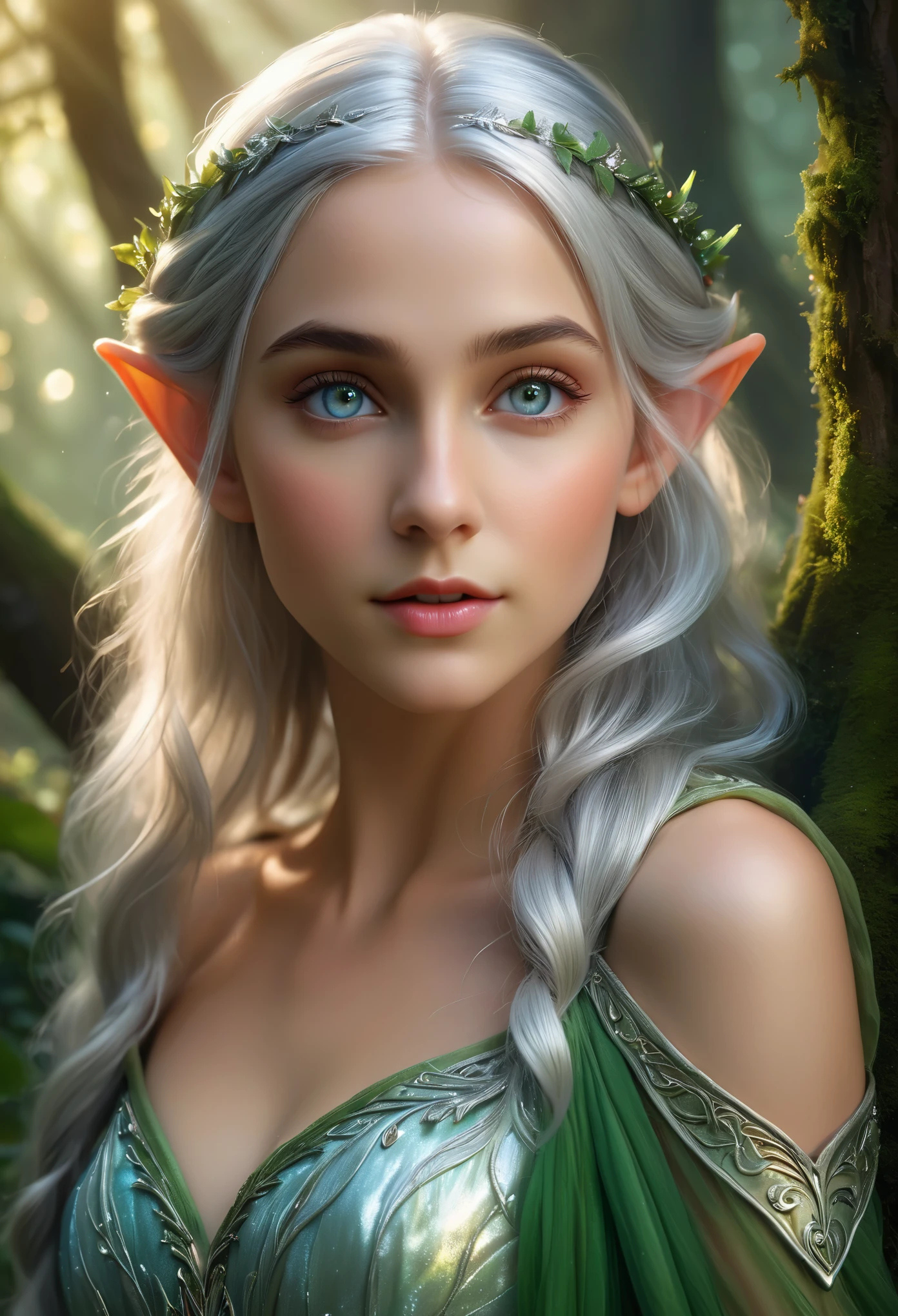 (best quality,4k,8k,highres,masterpiece:1.2),ultra-detailed,(realistic,photorealistic,photo-realistic:1.37),fantasy, elf, beautiful girl,************, close-up of face, silver hair, iridescent eyes, detailed features, ethereal atmosphere, soft lighting, enchanted forest, flowing gown, graceful stance, vibrant colors