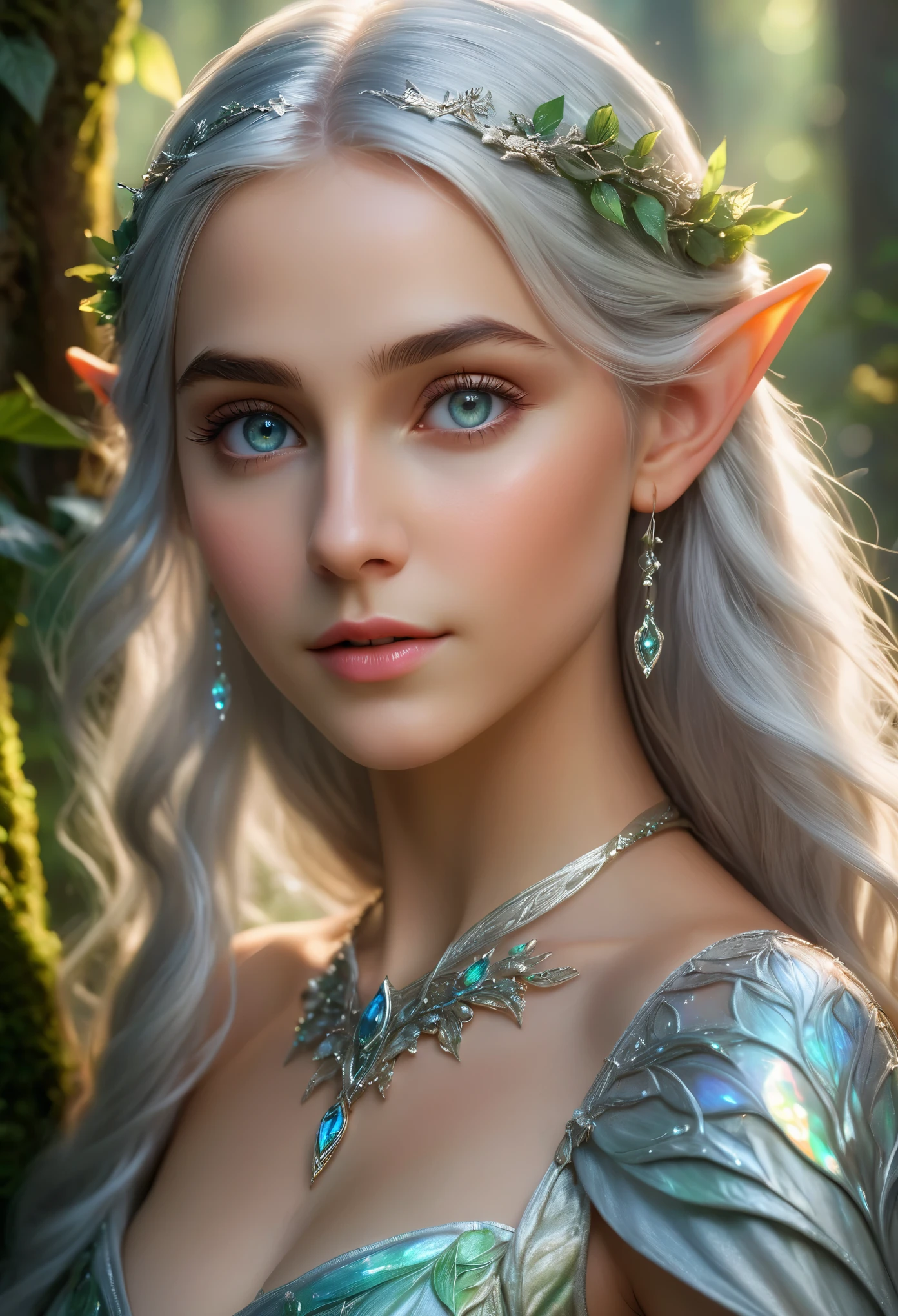 (best quality,4k,8k,highres,masterpiece:1.2),ultra-detailed,(realistic,photorealistic,photo-realistic:1.37),fantasy, elf, beautiful girl,************, close-up of face, silver hair, iridescent eyes, detailed features, ethereal atmosphere, soft lighting, enchanted forest, flowing gown, graceful stance, vibrant colors