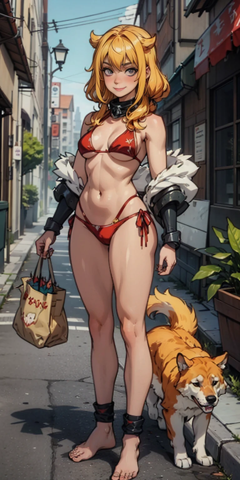 Roxanne Demin kin 1girl, solo, medium breasts, Body position: Standing, straight, symmetrical, barefoot, Lustful smile on face with red blush, fluffy ears, dog ears, blonde hair, bikini armor venus body