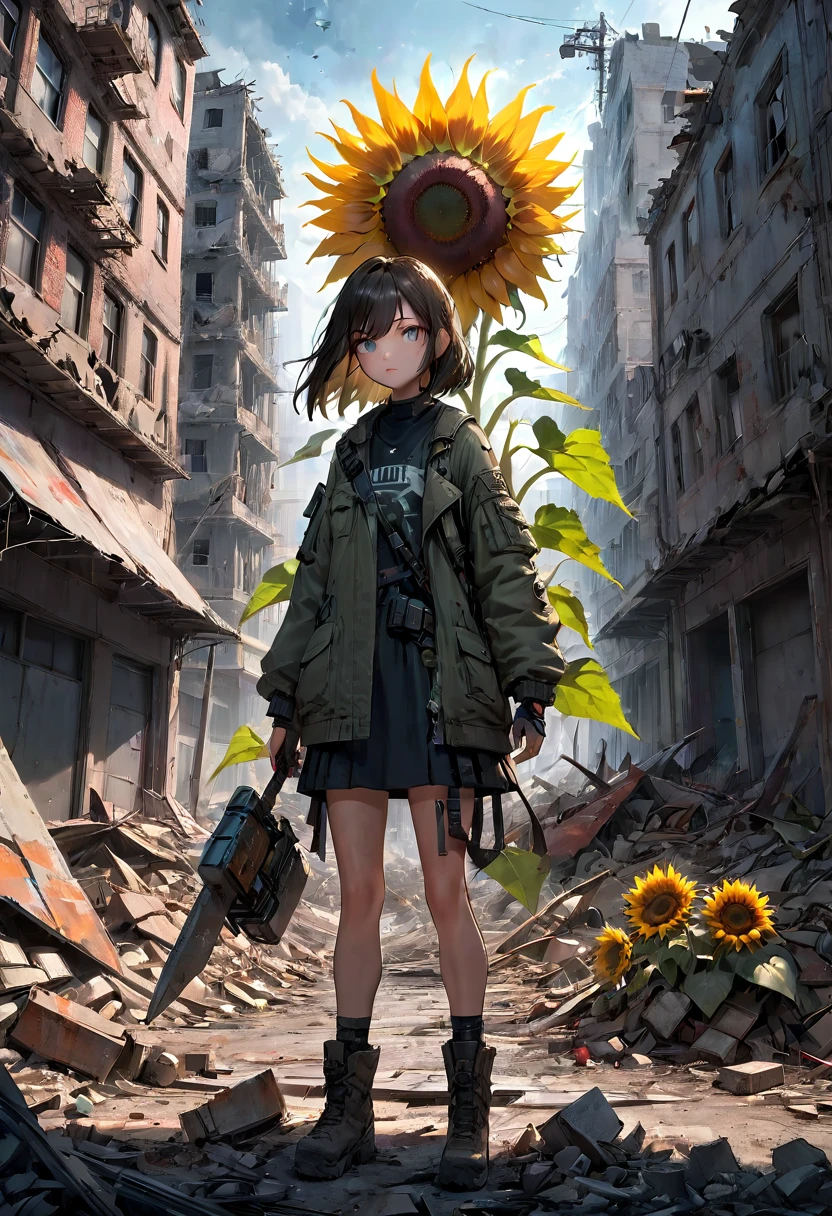 1girl, Post-Apocalyptic Wasteland, Giant sunflower growing from rubble, Scavengers digging through a post-apocalyptic city after the end of the world  Epic cinematic brilliant stunning intricate meticulously detailed dramatic atmospheric maximalist digital matte painting volumetric lighting concept art