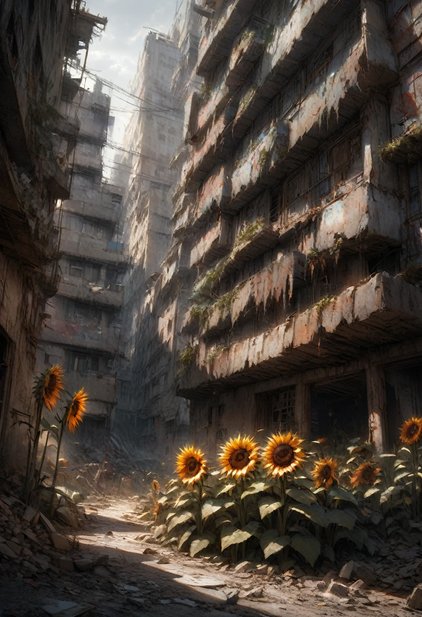 1girl, Post-Apocalyptic Wasteland, Giant sunflower growing from rubble, Scavengers digging through a post-apocalyptic city after the end of the world Epic cinematic brilliant stunning intricate meticulously detailed dramatic atmospheric maximalist digital matte painting volumetric lighting concept art