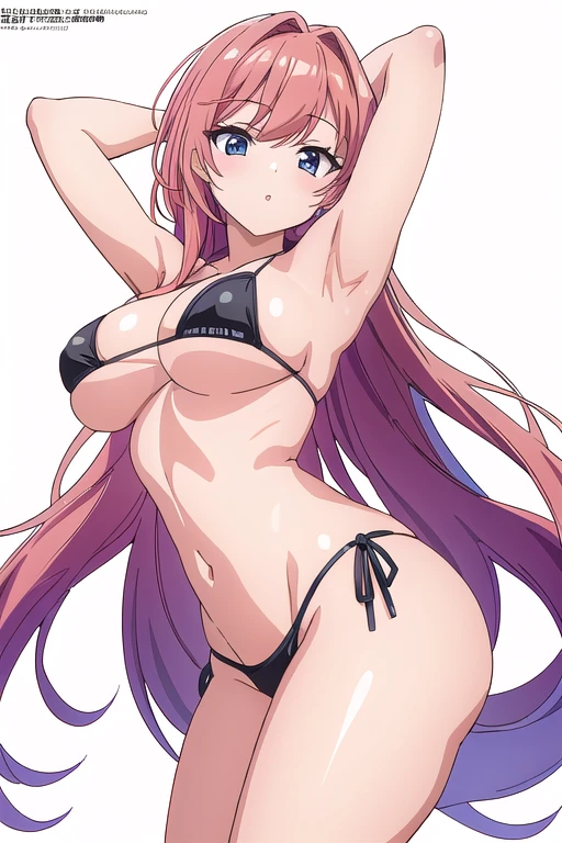 (best quality,4k,8k,highres,masterpiece:1.2), solo, random pose, sexy pose, seductive pose, ((white background)), black micro bikini, dutch angle, thong, magazine text, studio lighting, arm behind head,