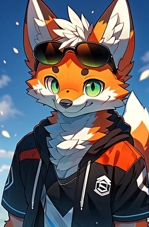 depth of fields,perfect lighting,light particles,(best quality),(tmasterpiece),(Ultra - Detailed),sharp focus,light particles,Niji,fox,male,Eyes of God,green_eye,Looking_in_viewer,smile r,so little,fluffy,bug_ear_fluff,open sky_Swimwear,Cemtura crossed with one hand,upper body,crown,short sleeve shirt,,sunrays,soft smile,from below,with headphones (fox, fluffy, anthropomorphic) , male , best quality, human-like body figure), looking at viewer in orange hoodie and fox sunglasses, avatar image, with futuristic outfit, CGSetnation ),like, professional artwork, CGsociety - W 1 0 2 4 - N 8 - I,The name is Kan, your name is Kan