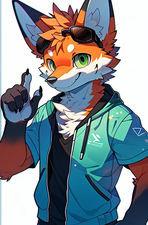 depth of fields，perfect lighting，light particles，（best quality），（tmasterpiece），（Ultra - Detailed），sharp focus，light particles，Niji，fox，male，Eyes of God，green_eye，Looking_in_viewer，smile r，so little，fluffy，bug_ear_fluff，open sky_Swimwear，Cemtura crossed with one hand，upper body，crown，short sleeve shirt，，sunrays，soft smile，from below，with headphones (fox, fluffy, anthropomorphic) , male , best quality, human-like body figure), looking at viewer in orange hoodie and fox sunglasses, avatar image, with futuristic outfit, CGSetnation ),like, professional artwork, CGsociety - W 1 0 2 4 - N 8 - I,The name is Kan, your name is Kan