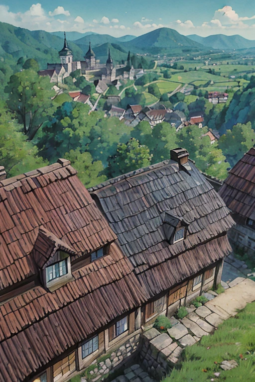 big slavic ((ghibli)) fantasy town up on the mountain, thatched roofs, early medieval, hilly city, tightly packed houses, narrow passages, tight spaces, clustered settlement