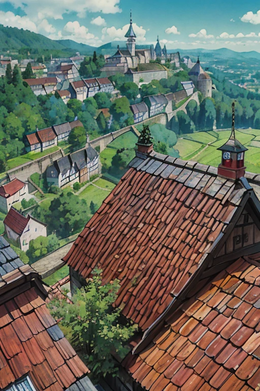 big slavic ((ghibli)) fantasy town up on the mountain, thatched roofs, early medieval, hilly city, tightly packed houses, narrow passages, tight spaces, clustered settlement