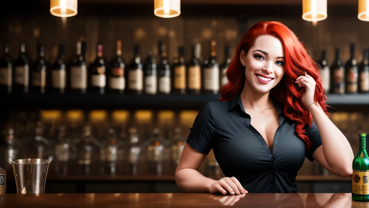 Photo, full body portraiture, young woman bartender with long red hair serving behind a busy bar smiling, wild winking, catchlight, fit athletic body, big breast, sexy low cut shirt, contest winner, best photo of the year, stylish fashion shot, Cinematic lighting, Shutter Speed 1/ 250, F/ 4. 0, Soft Light, dslr, sony a1, 85mm, Super-Resolution, Megapixel, RAW, Rim Lights, Studio Lighting, Soft Lighting, Shadows, Ray Tracing Reflections, Lumen Reflections, Insanely Detailed and Intricate, Hyper Realistic