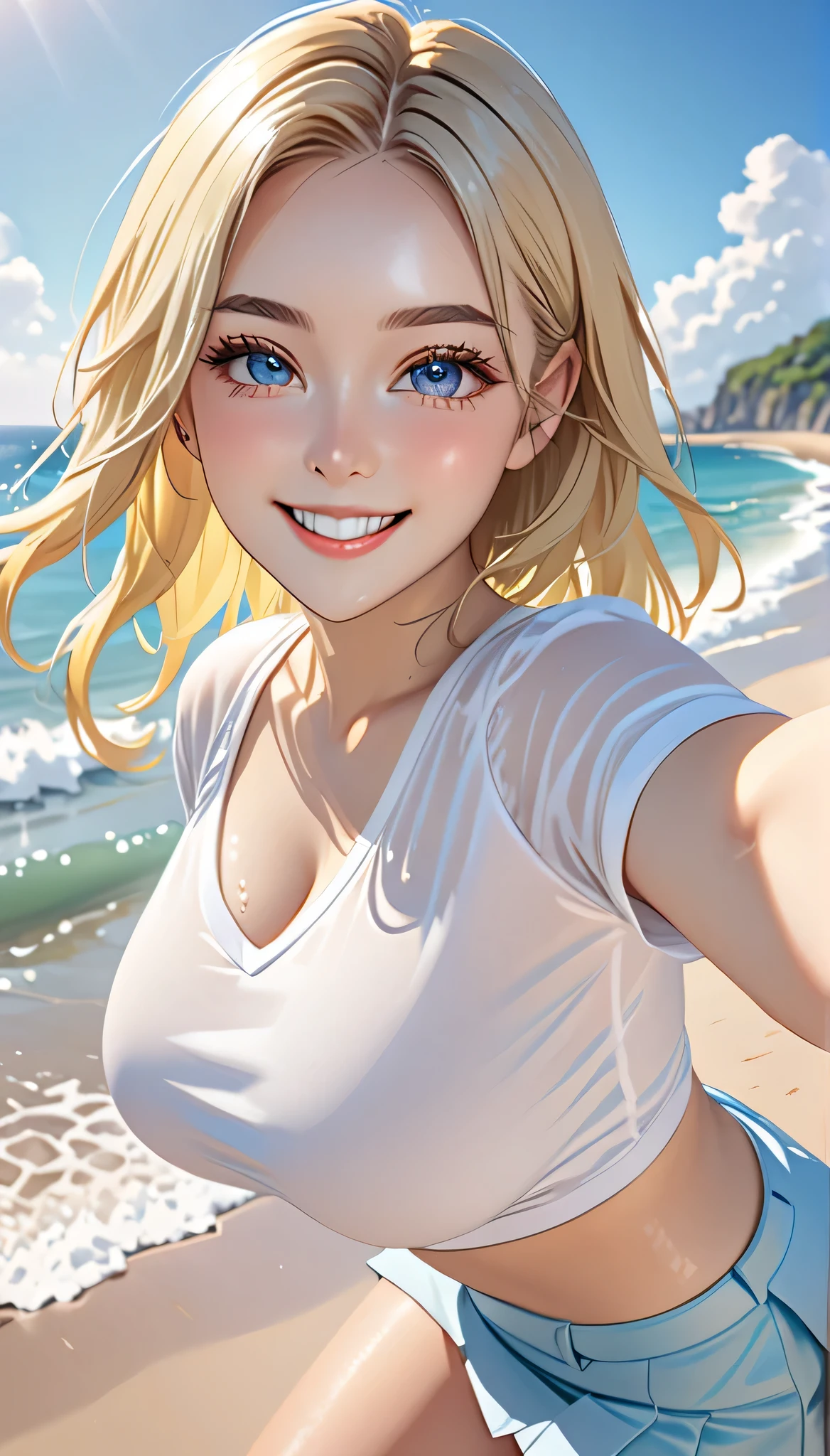 Realistic, 2 15 year old girls, close contact, selfie, wearing bikini, big breasts, face smiling