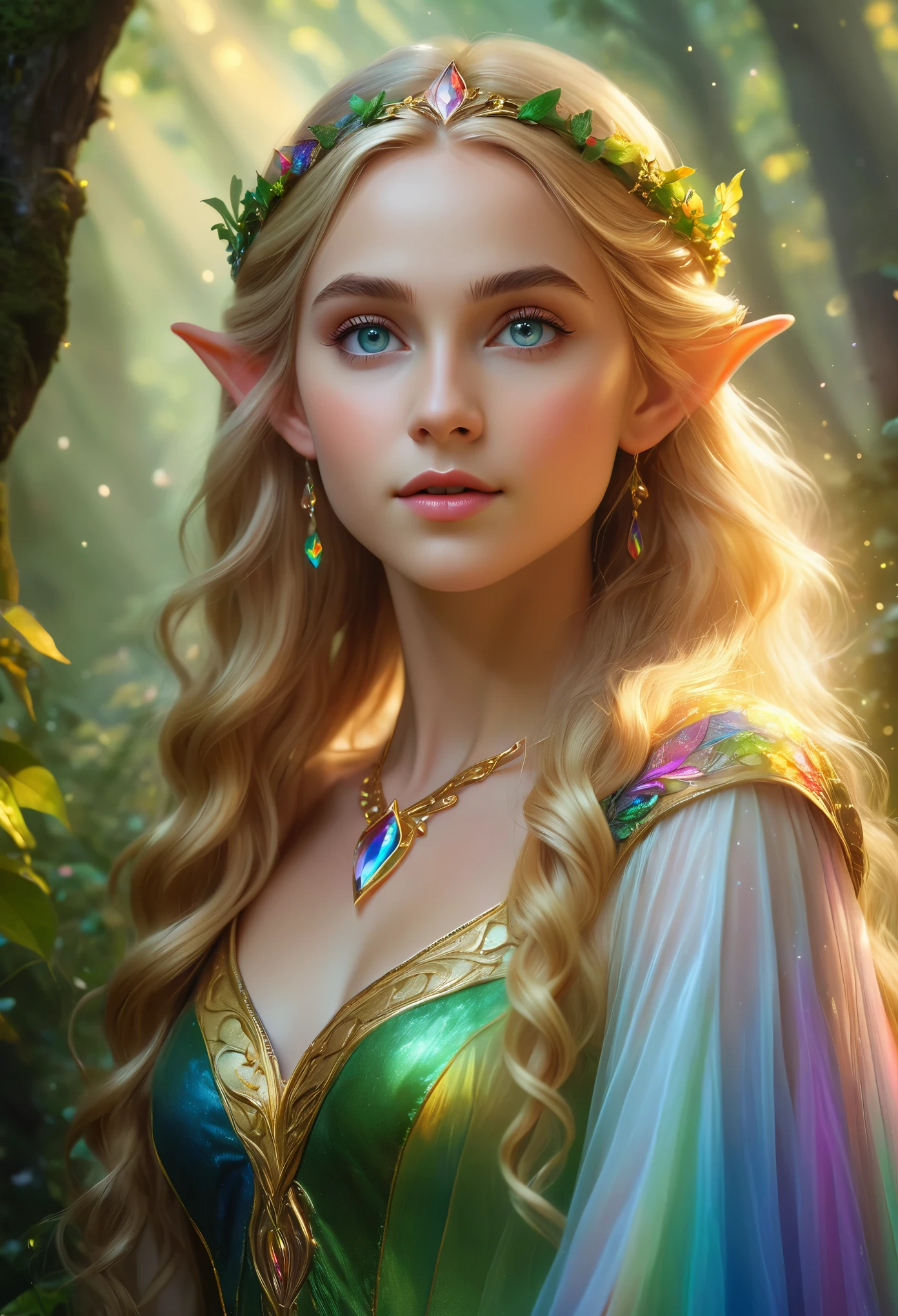 (best quality,4k,8k,highres,masterpiece:1.2),ultra-detailed,(realistic,photorealistic,photo-realistic:1.37),fantasy,elf,beautiful girl,,close-up of face,golden hair,eyes shining in rainbow colors,illustration,detailed features,ethereal atmosphere,soft lighting,enchanted forest,flowing gown,graceful stance,vibrant colors