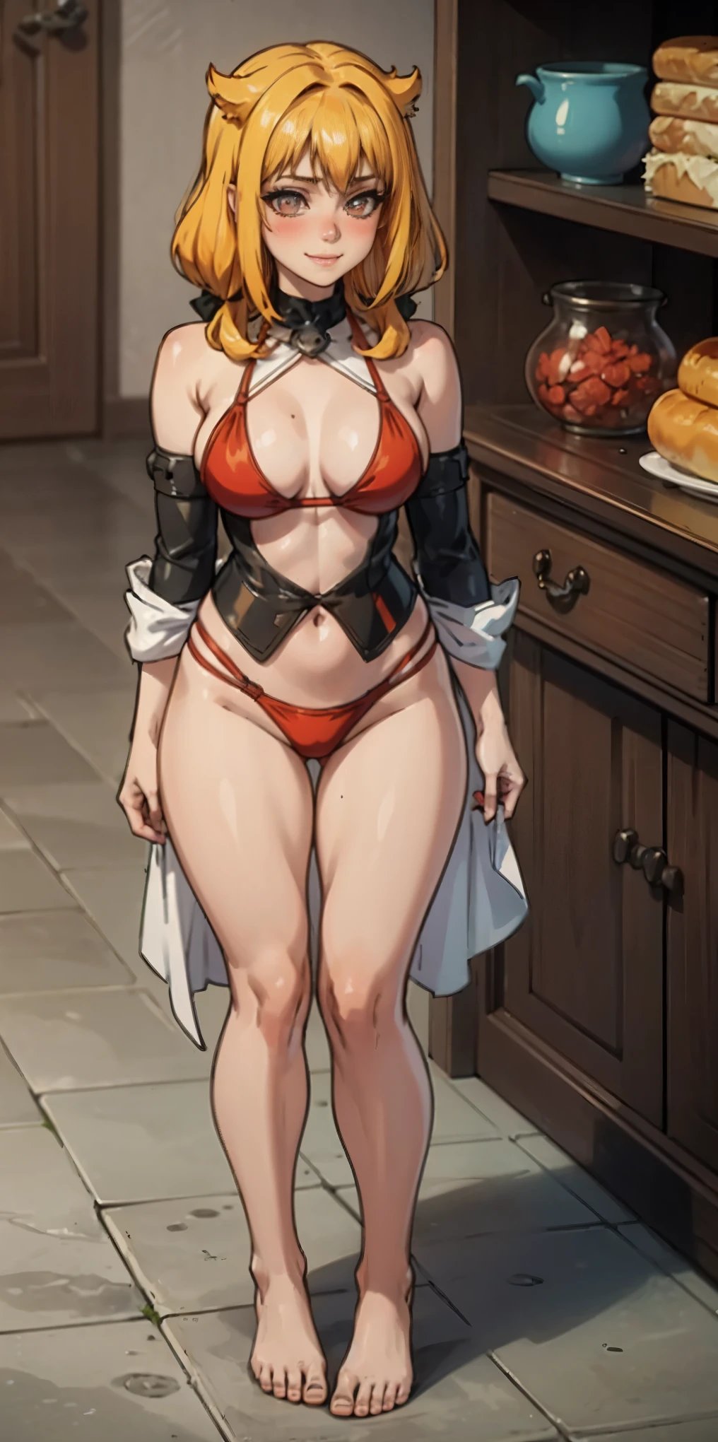Roxanne Demin kin 1girl, solo, medium breasts, Body position: Standing, straight, symmetrical, barefoot, Lustful smile on face with red blush, fluffy ears, dog ears, blonde hair, bikini armor venus body