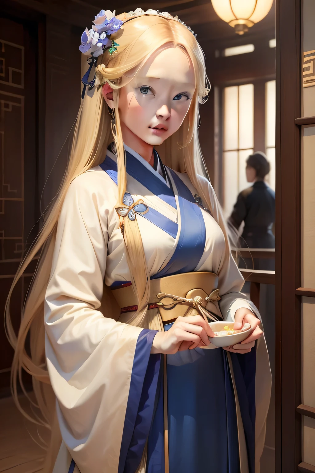 (masterpiece), high-definition Hanfu women, European and American face, perfect face, long blonde hair, blue eyes, very charming.