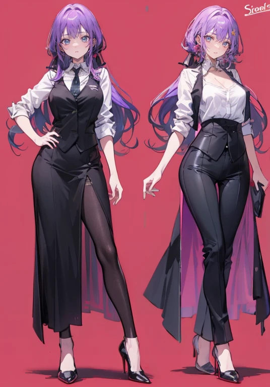 ((Perfect Face)),Purple Hair,voluminous long hair,1 female,bartender,suit,Black vest,Shirt with rolled up sleeves,tie,slit,High heels,,((Simple Background)),smile,((whole body)),((whole body)),Portraiture,virtual,upright,,Both arms are down,Standing upright with face and body facing forward,