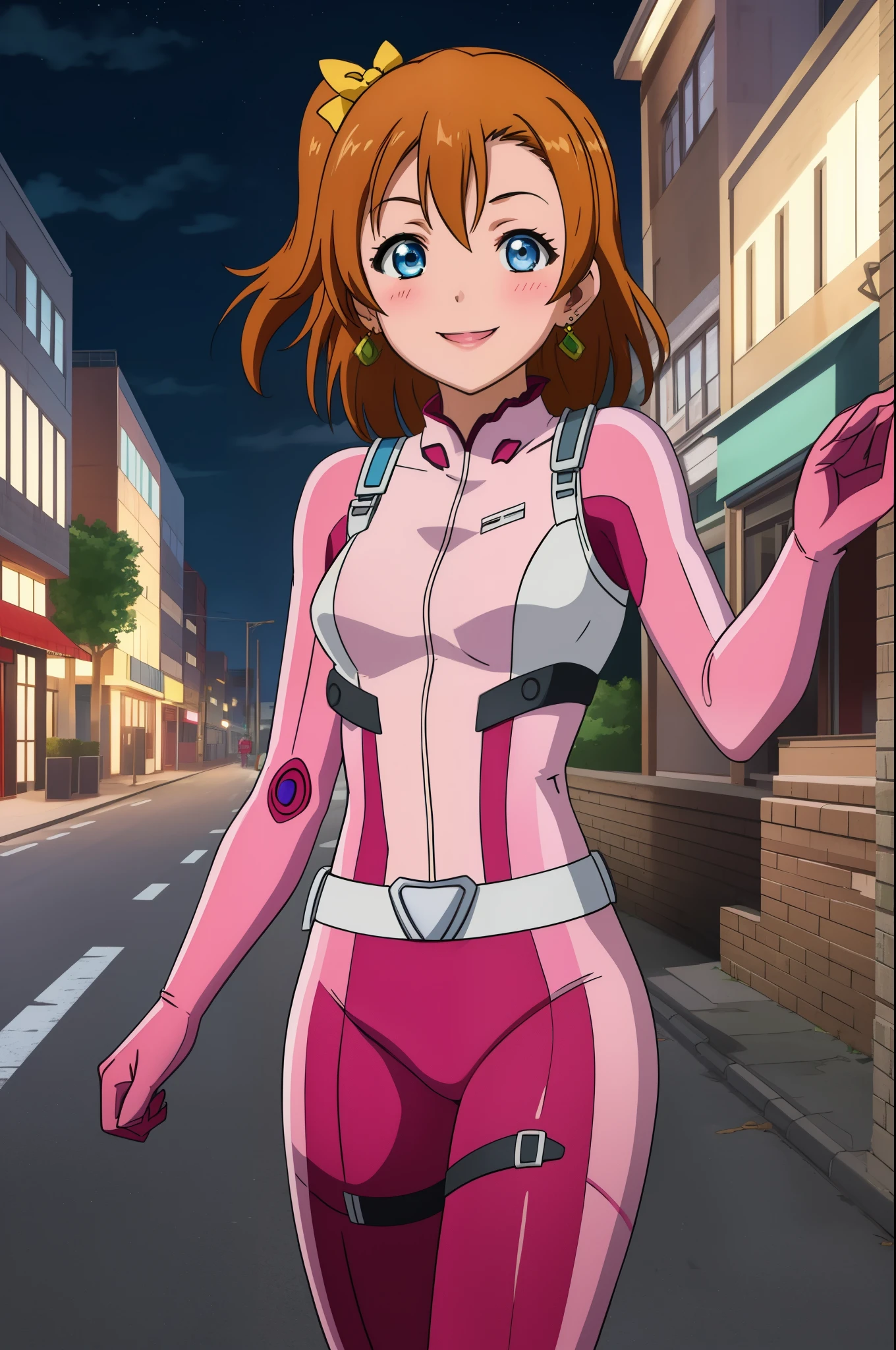 masterpiece, best quality,8k wallpaper,blue eyes,cowboy shot,kousaka honoka, breasts , (pink bodysuit),in street , solo, (standing:0.8), earrings  , blushing  , night , smile 