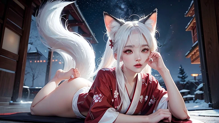a girl white hair, wearing sexy kimono, red eyelashes, cat pupils, fox ears, nine white fox tailed, inside dojo background, night time. prone pose, front view. looking viewer. cinematic