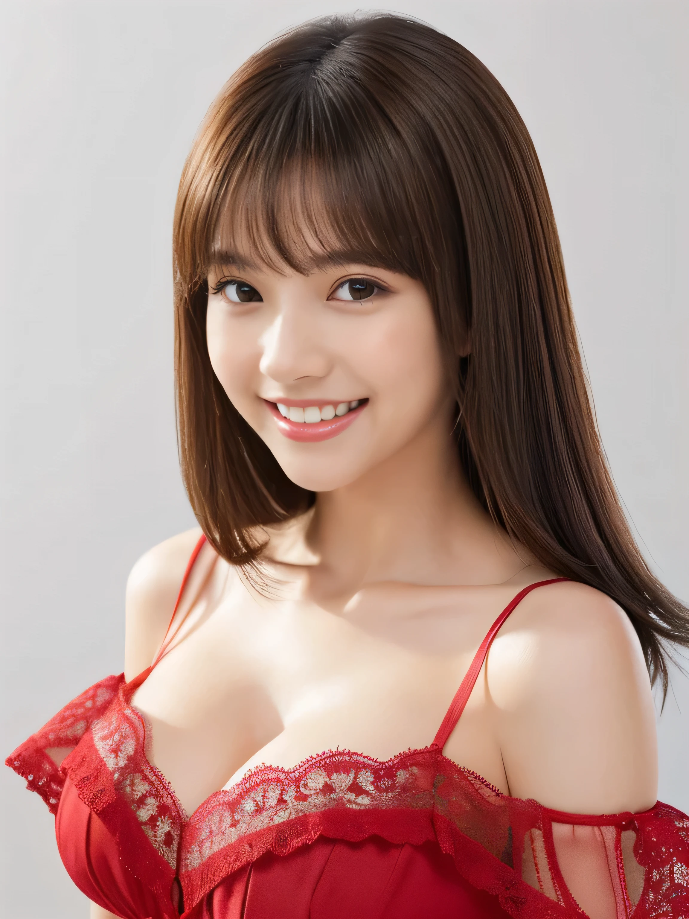 (Pure white wall background:1.There are 8、There is a white bed) (Shooting from the chest up) (Japanese solo photoshoot'The most beautiful 24-year-old women)) ((Her hair is incredibly straight、Very shiny and silky beautiful Pure brown hair with great detail I have a lot of hair and it's very voluminous Very detailed Beautiful trimmed bob cut)) ((highest quality)), ((masterpiece)), (familiar) (Get used to it) Perfect Face (Her skin is a typical Japanese skin color. Very detailed) (Big Breasts:1.3) (She is wearing a red dress with lots of lace...) (She has a beautiful face and a typical Japanese figure..., Narrow eyes.) (Her bangs Well Organized) (She has perfect beautiful makeup and face Lipstick is light red A solid eyeliner) ((Rich 1.4)) (Extremely detailed 8K) (Stable Diffusion Model) (Ultra-fine skin texture 1.4) (Actual, Vibrant:1.4), double eyelid Sharp focus:1.2、Beautiful woman:1.4 Dynamic Lighting (Genuine RAW photos taken by professional photographers) (Her long bangs、Well Organized) (Turn your whole body to the viewer) Professionally lit from the front (Her hair is dark brown) (Her hair is dark brown) (Her hair is dark brown) (She is looking at the viewer with her mouth wide open and a big smile.)