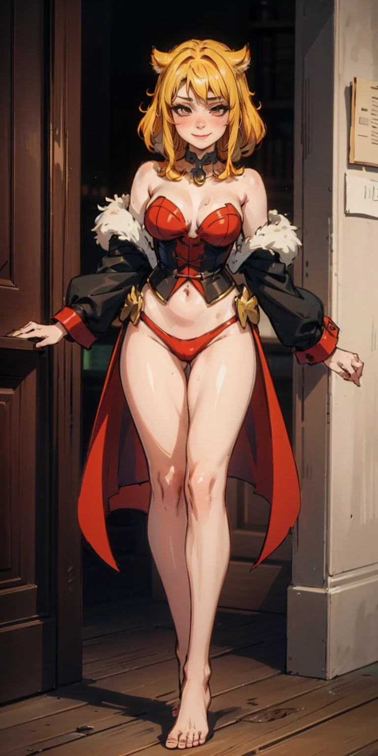Roxanne Demin kin 1girl, solo, medium breasts, Body position: Standing, straight, symmetrical, barefoot, Lustful smile on face with red blush, fluffy ears, dog ears, blonde hair