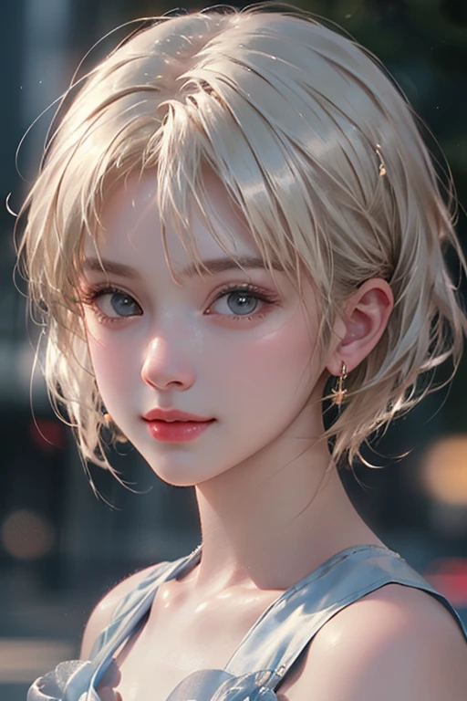 (masterpiece:1.3)、(8K、Photorealsitic、RAW photography、top-quality: 1.4)、(1girll)、beautiful countenance、(cute face)、(Platinum blond、short-hair:1.3)、Beautiful hairstyle、photorealistic eye、Beautiful details、(real looking skin)、Beautiful skins、(Ren Hao)、delicate, alluring, mysterious smile, haughty, condenscending look, enticing、超A high resolution、ultra-realistic realism、high detal、the golden ratio