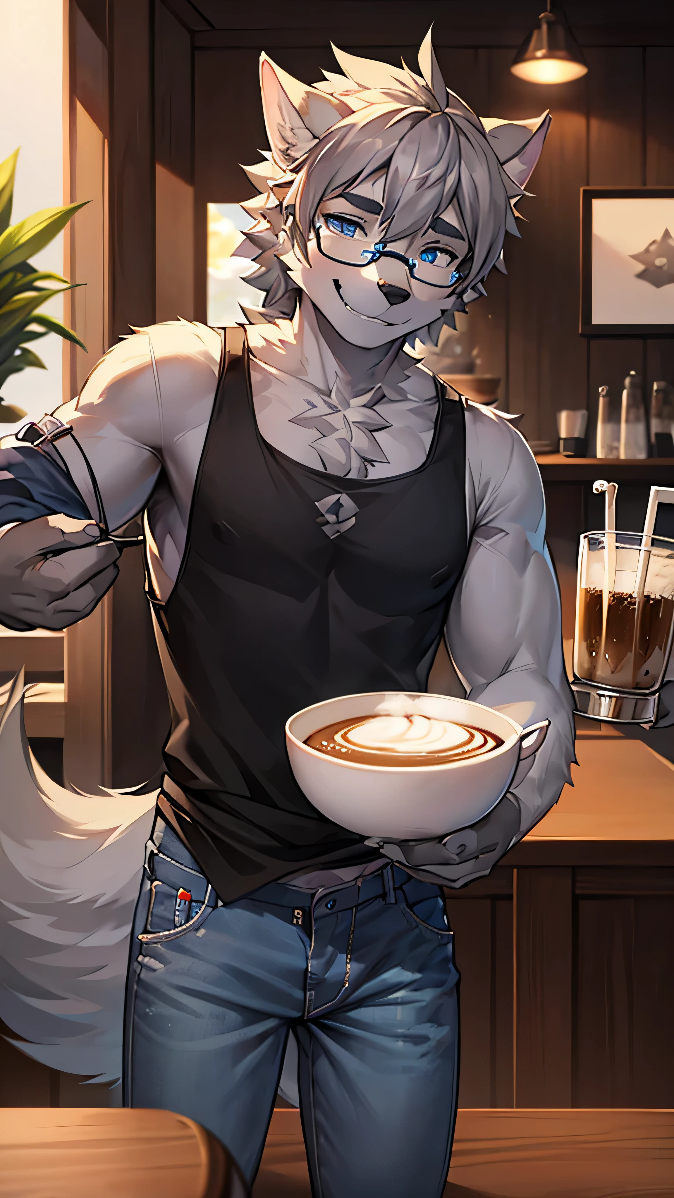 Furry wolf orc with gray hair and glasses making coffee in a cafe with blue eyes smiling wearing a gray T-shirt on the upper body and jeans on the lower body wearing black-framed glasses and a green apron tying his hair. Front view